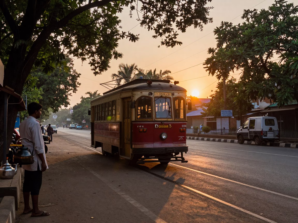 Hyderabad street scene with old trolley and tea kettle at sunset in in Hyderabad, India