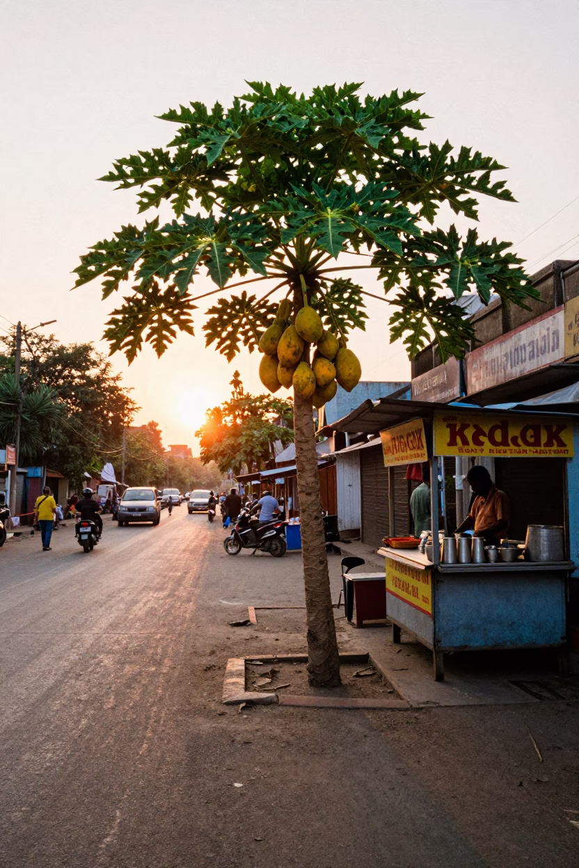 Hyderabad street scene with papaya tree and chai stall at sunset in in Hyderabad, India