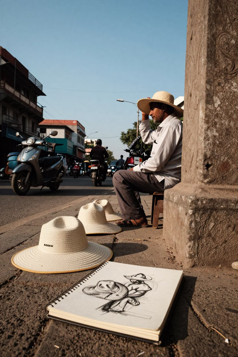 Hyderabad Street Scene with Sun Hats and Charcoal Sketchbook in Late Afternoon Light in in Hyderabad, India