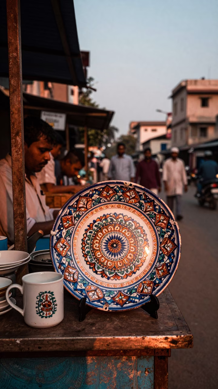 Hyderabad street scene with vintage majolica plate and mug in copper dusk light in in Hyderabad, India
