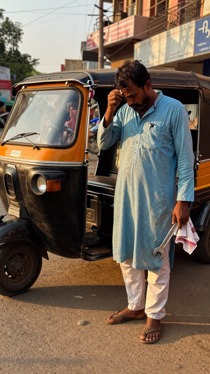Hyderabad Street Scene with Wrench and Handkerchief in Honeyed Evening Light in in Hyderabad, India