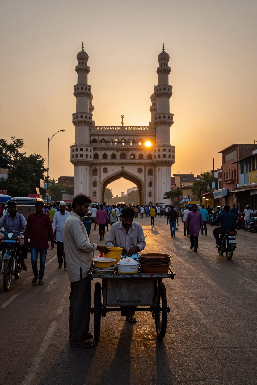 Hyderabad Street Vendor at As The Sun Drops Toward The Horizon in in Hyderabad, India