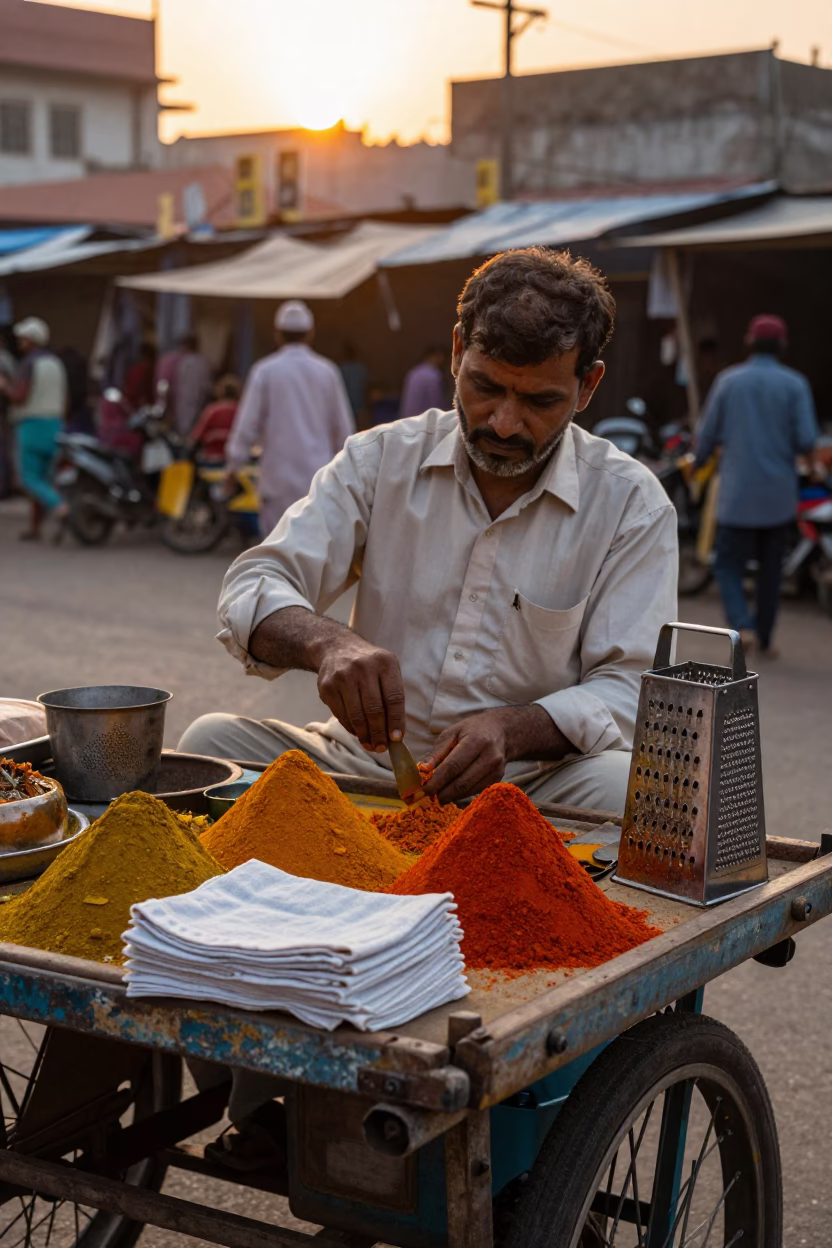 Hyderabad Street Vendor Golden Hour Linen Napkin and Grater Scene in in Hyderabad, India