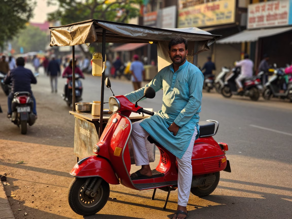 Hyderabad Street Vendor Golden Hour Portrait with Vintage Red Scooter and Chalkboard Menu in in Hyderabad, India