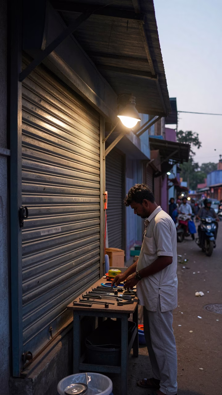 Hyderabad Street Vendor Pre-Dawn Setup with Iron Deadbolt and Dustpan in in Hyderabad, India