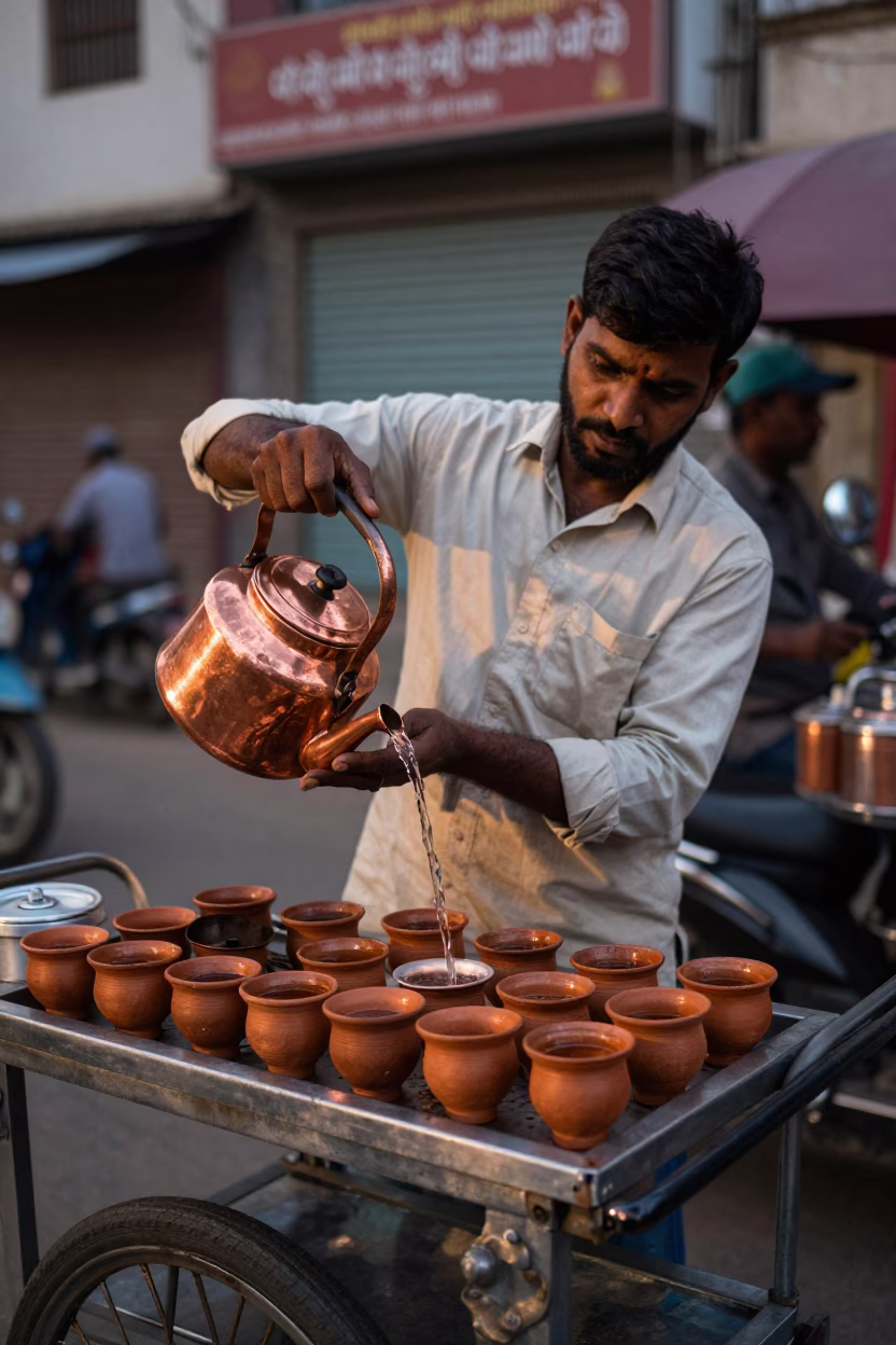 Hyderabad Street Vendor Preparing Hot Tea in Copper Tones Before Dusk in in Hyderabad, India