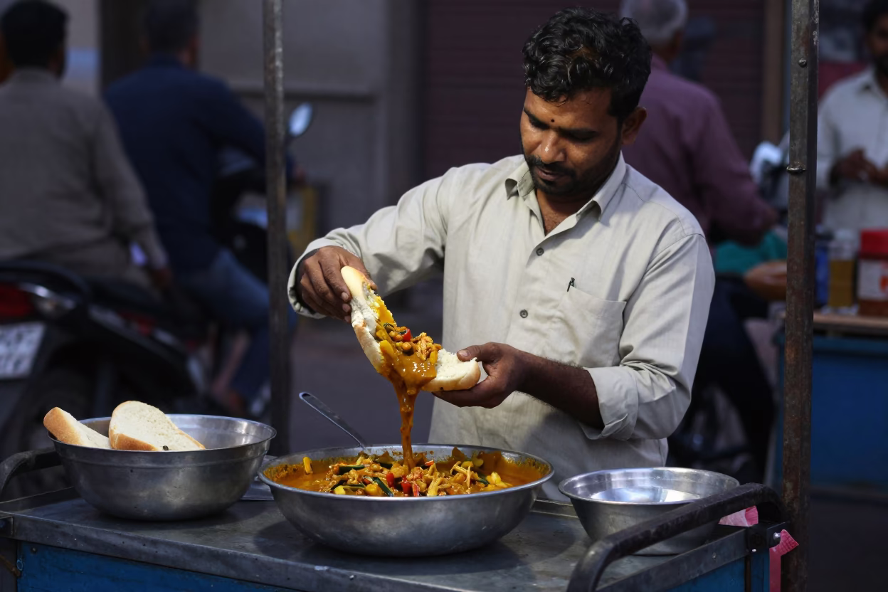 Hyderabad street vendor preparing spicy bunny chow curry in predawn darkness in in Hyderabad, India
