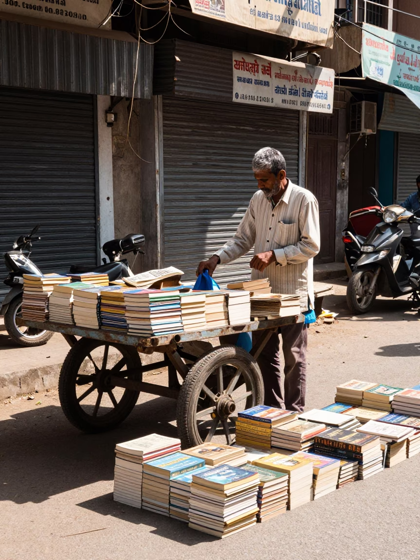 Hyderabad street vendor selling books under bright late morning sunlight in in Hyderabad, India