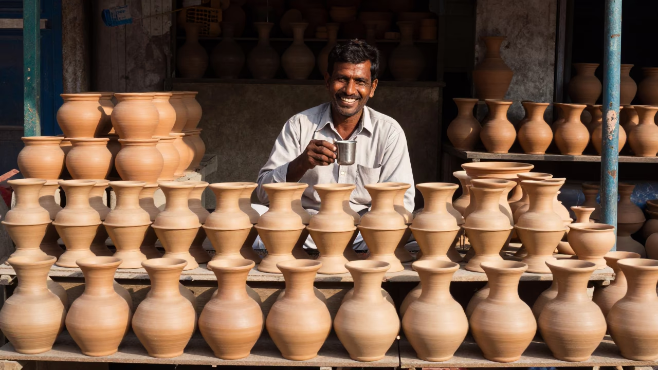 Hyderabad street vendor selling clay pots and earthenware in early afternoon sunlight in in Hyderabad, India