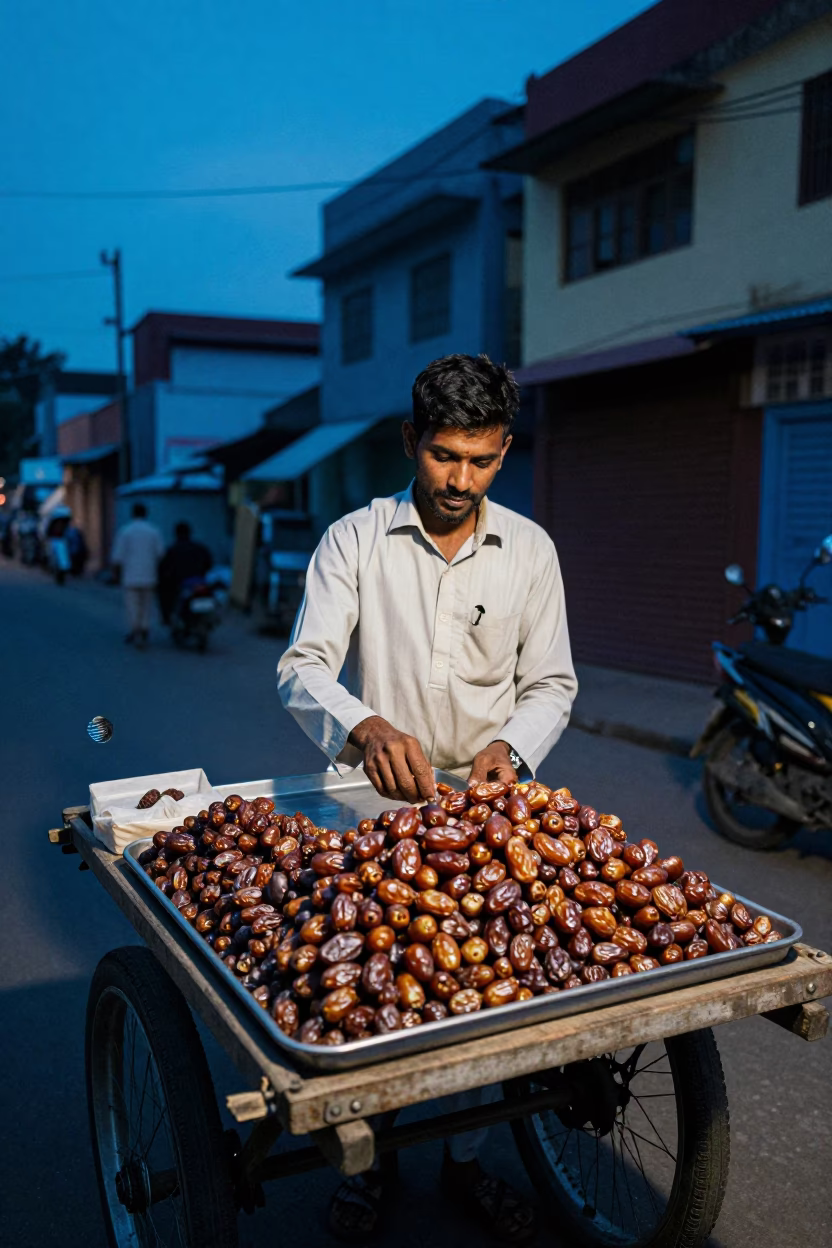 Hyderabad Street Vendor Selling Fresh Dates Under Evening Blue Light in in Hyderabad, India
