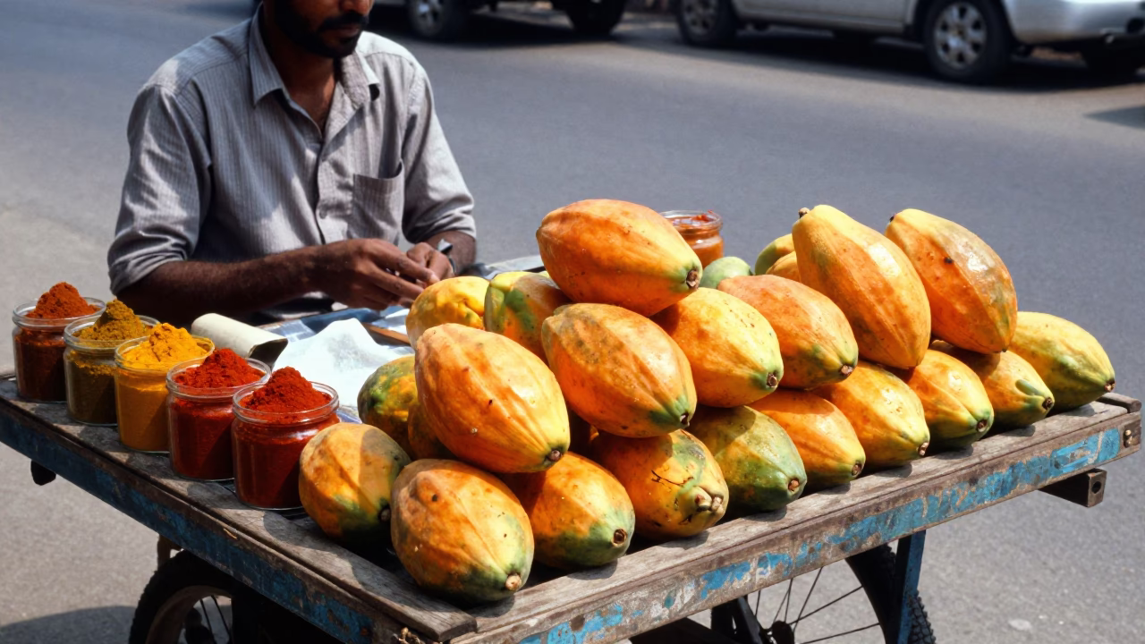 Hyderabad Street Vendor Selling Fresh Papayas and Spices Under Bright Midday Sun in in Hyderabad, India