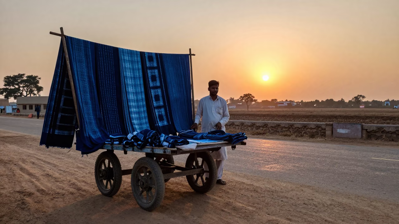 Hyderabad street vendor selling indigo fabric at sunset with tea strainer on tray in in Hyderabad, India