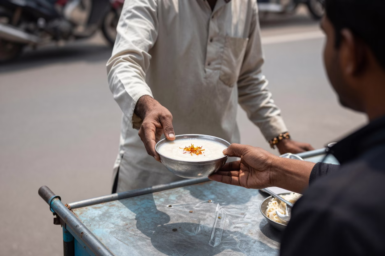 Hyderabad Street Vendor Serving Bowl of Kheer with Saffron Strands at Midday in in Hyderabad, India