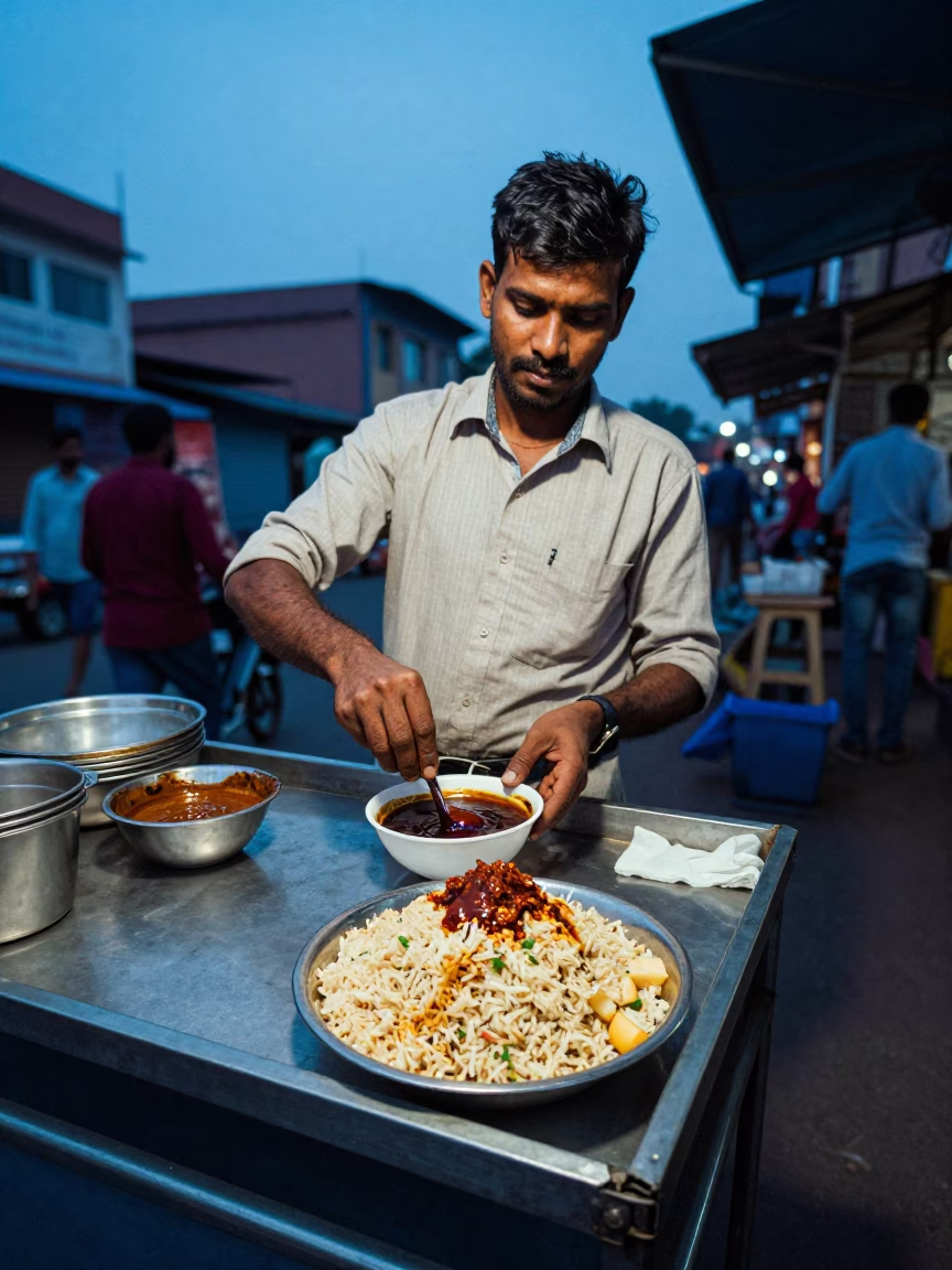 Hyderabad Street Vendor Serving Chaat with Tamarind Chutney During Evening Blue Hour in in Hyderabad, India