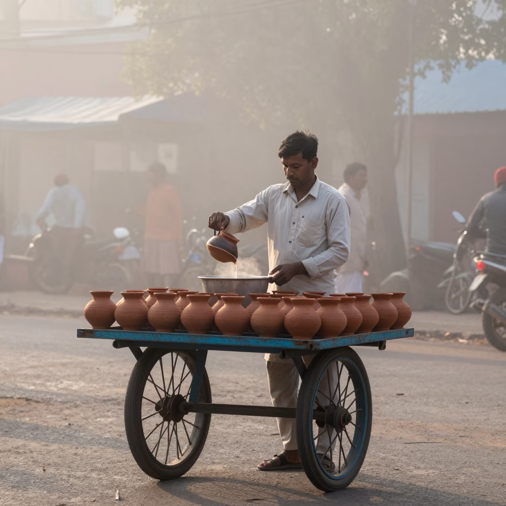 Hyderabad street vendor serving clay pots of tea in misty dawn light in in Hyderabad, India