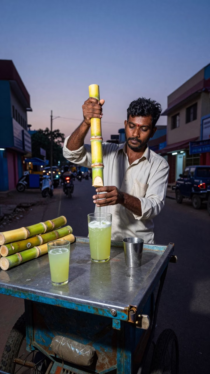 Hyderabad street vendor serving fresh sugarcane juice at twilight with local customers in in Hyderabad, India