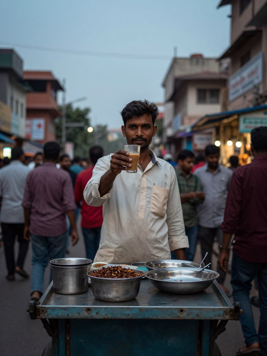 Hyderabad street vendor serving masala chai at blue hour with busy crowd in in Hyderabad, India