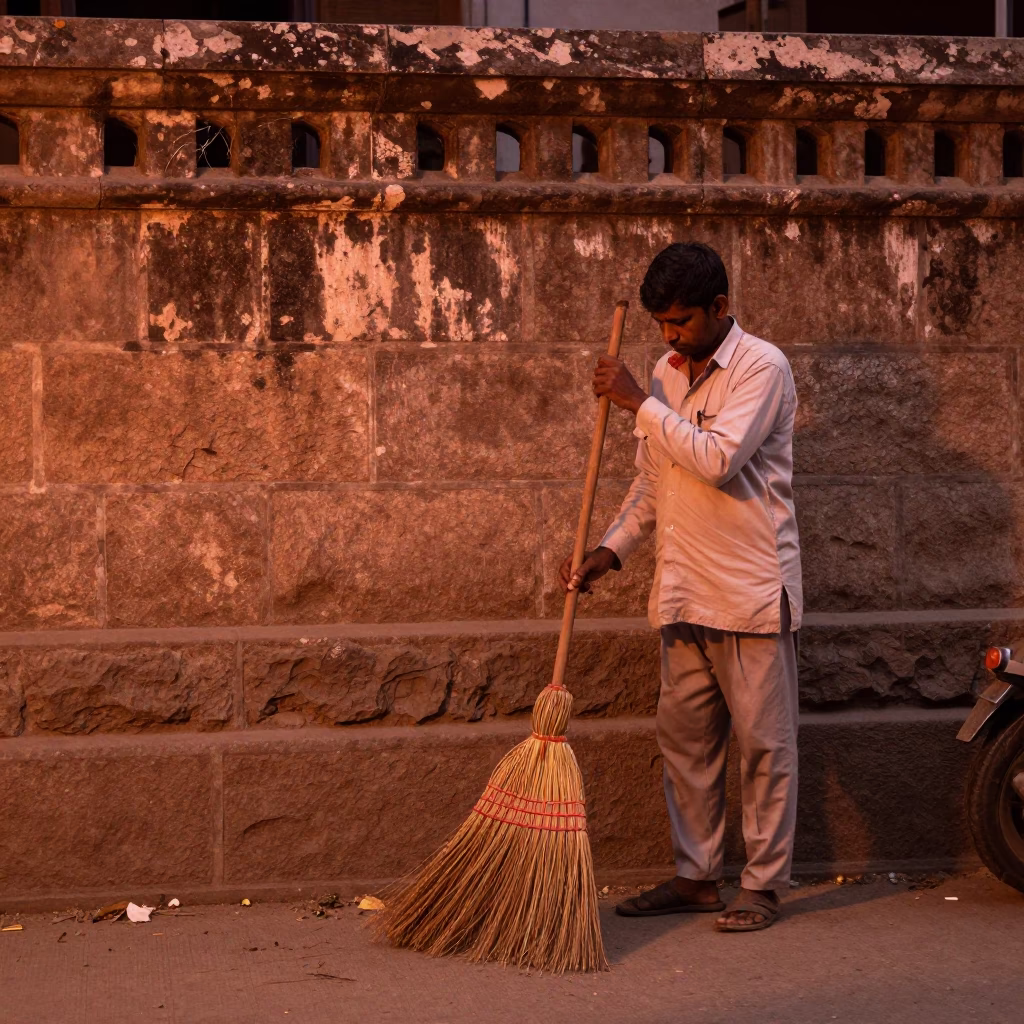Hyderabad Street Vendor with Hand Broom in Copper Dusk Light in in Hyderabad, India