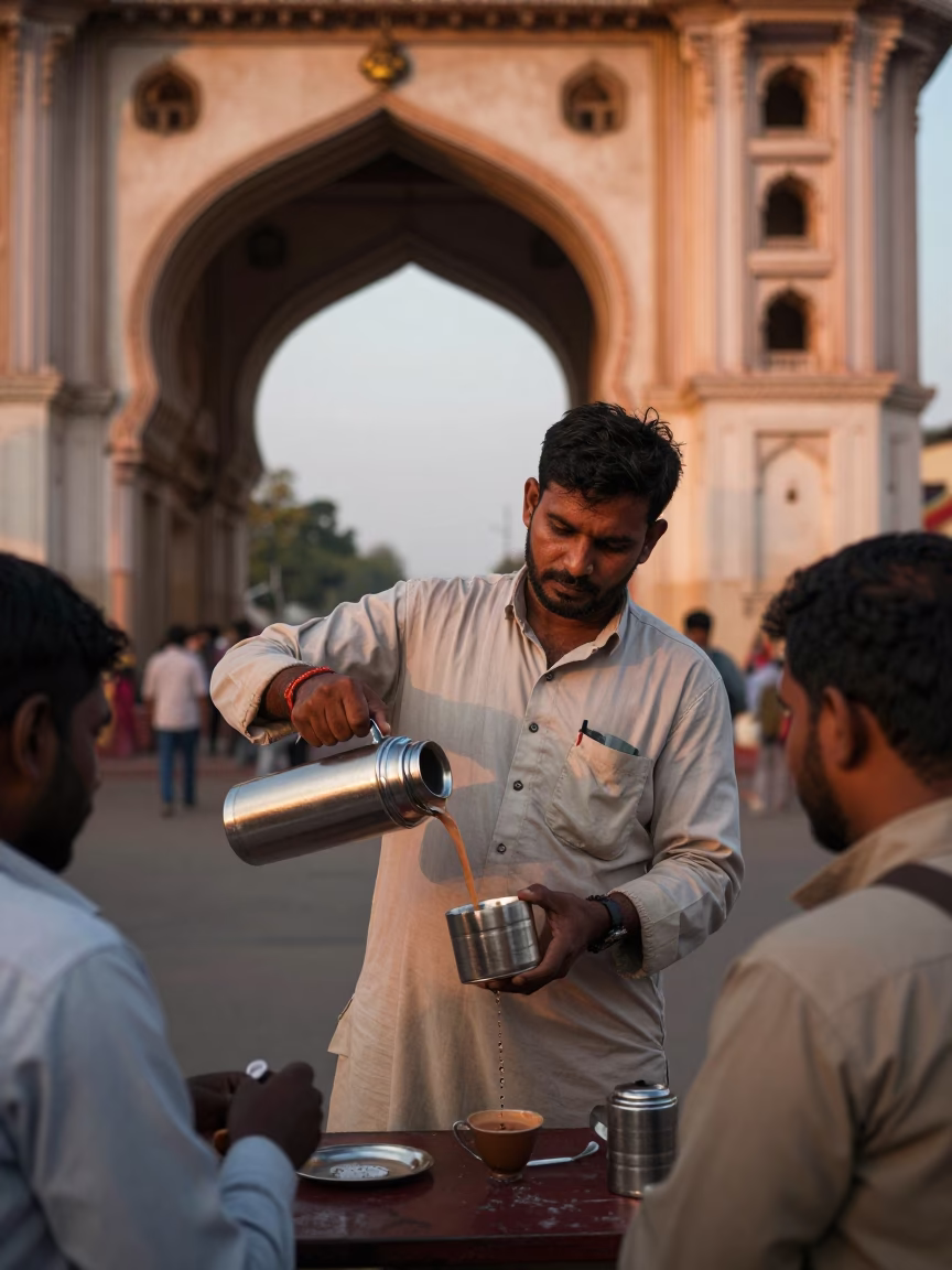 Hyderabad Street Vendor with Thermos and Tea Tin in Copper Dusk Light in in Hyderabad, India