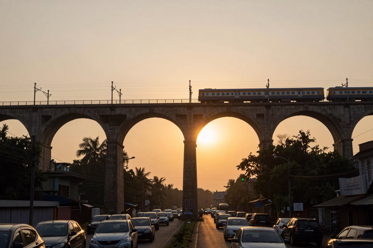 Hyderabad Sunset Railway Viaduct Arching Over Busy Street Traffic and Pedestrians in in Hyderabad, India