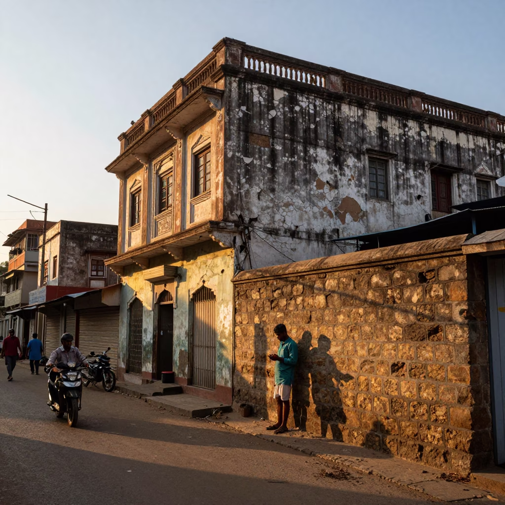 Hyderabad Sunset Street Scene with Cracked Stucco and Local Vendor in in Hyderabad, India