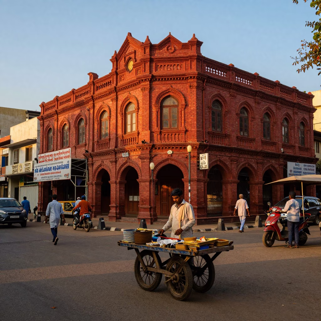 Hyderabad Sunset Street Scene with Local Vendor and Traditional Pottery in in Hyderabad, India
