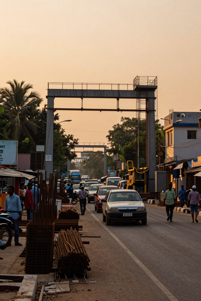 Hyderabad Sunset Street Scene with Railway Viaduct and Construction Activity in in Hyderabad, India