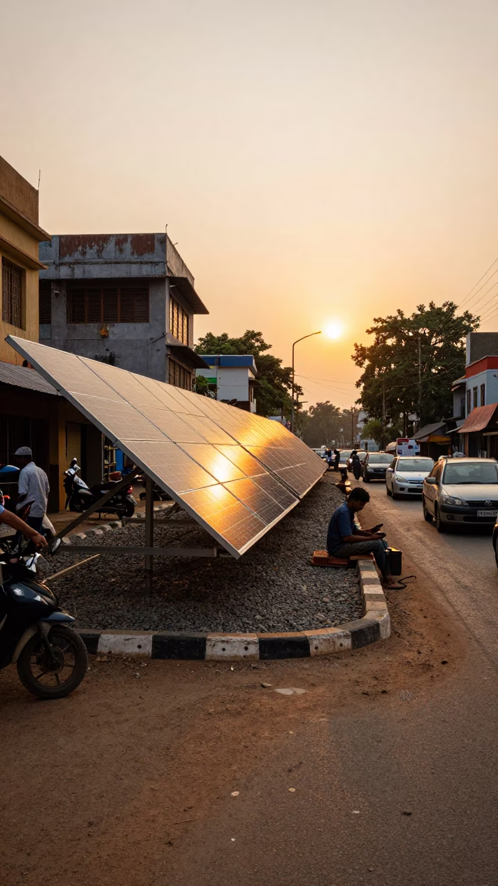 Hyderabad Sunset Street Scene with Vintage Solar Array and Local Interaction in in Hyderabad, India
