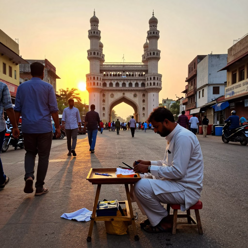 Hyderabad Sunset Street Scene with Wooden Tray and Tailor Shears in India in in Hyderabad, India