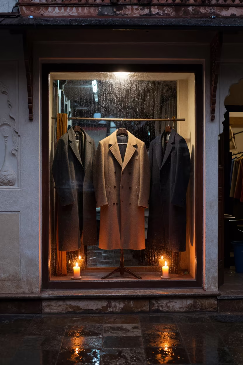 Hyderabad Tailor Coats Display Window Twilight Glow in in a backstage changing corridor in Hyderabad