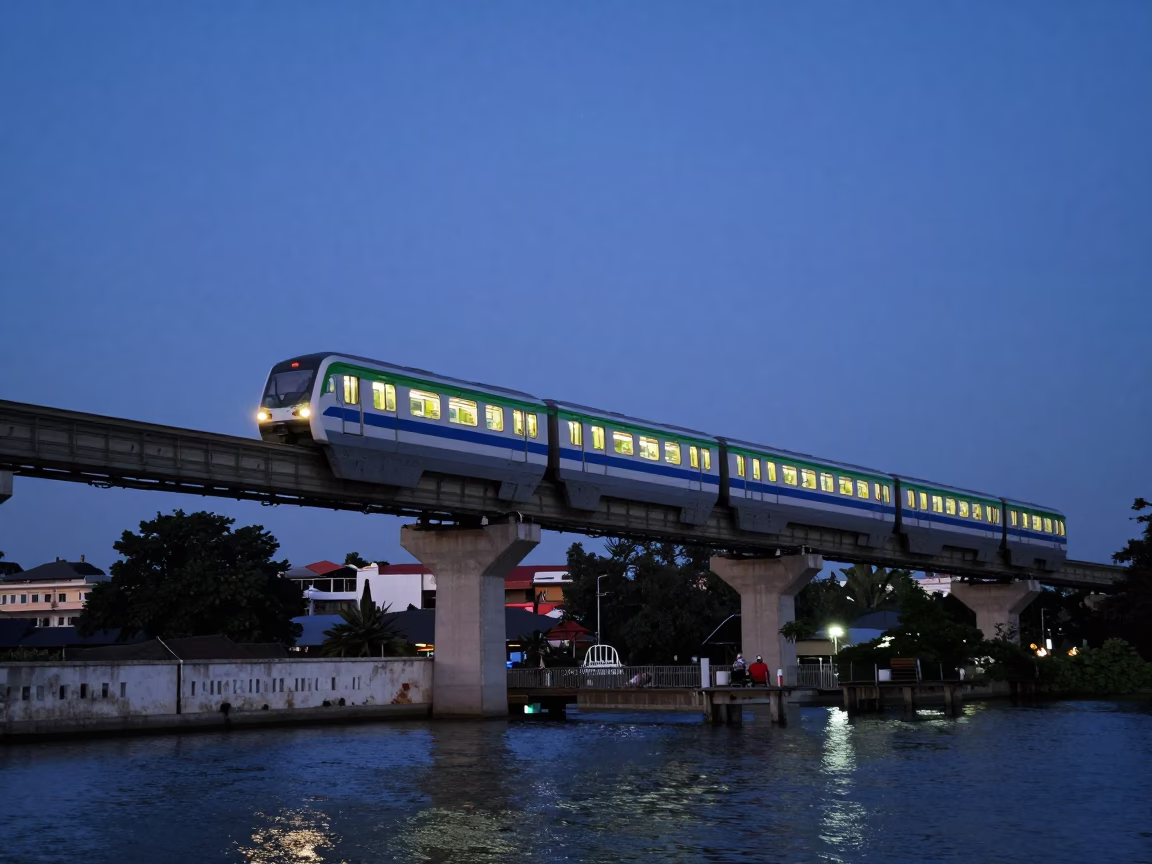 Hyderabad Twilight Monorail Crossing Hussain Sagar Lake With Urban Skyline in in Hyderabad, India