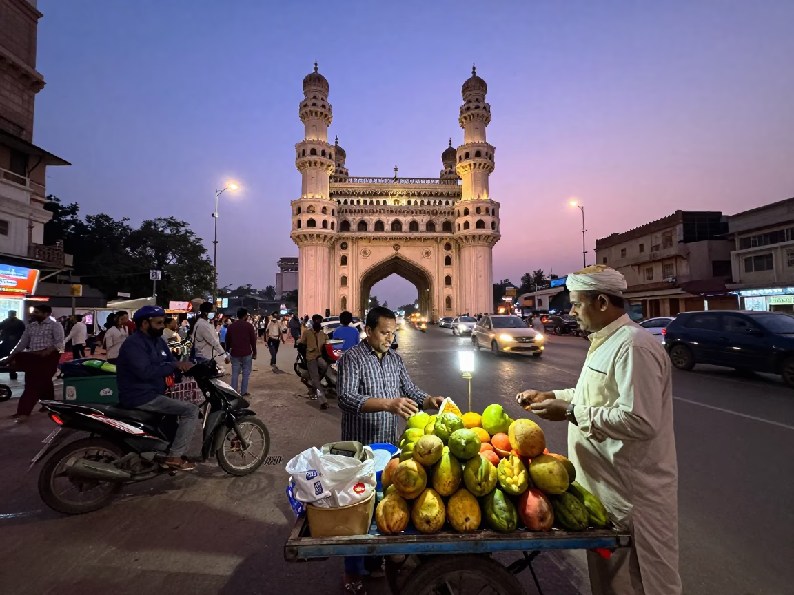 Hyderabad Twilight Street Scene with Local Vendor and Evening Activity in in Hyderabad, India