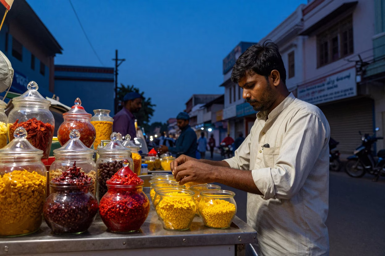 Hyderabad Twilight Street Scene with Spice Jar and Local Vendor Interaction in in Hyderabad, India