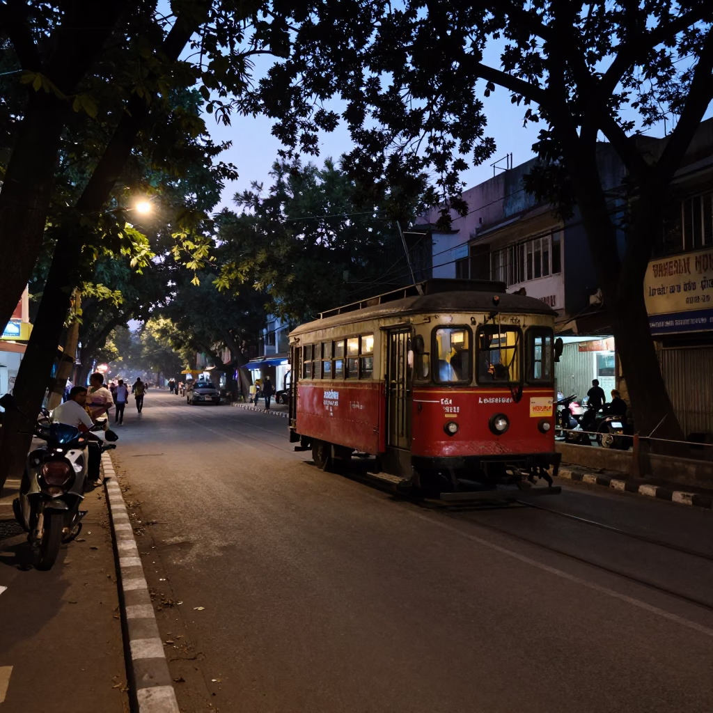Hyderabad Twilight Street Scene with Vintage Trolley and Local Street Food Vendors in in Hyderabad, India