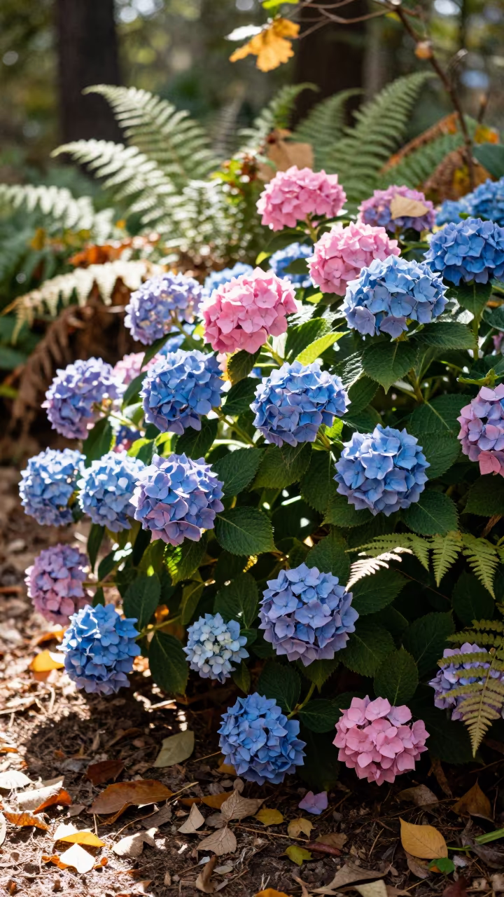 Hydrangea Bush Blue to Pink in Setif Forest in on a fern-lined forest floor near Setif