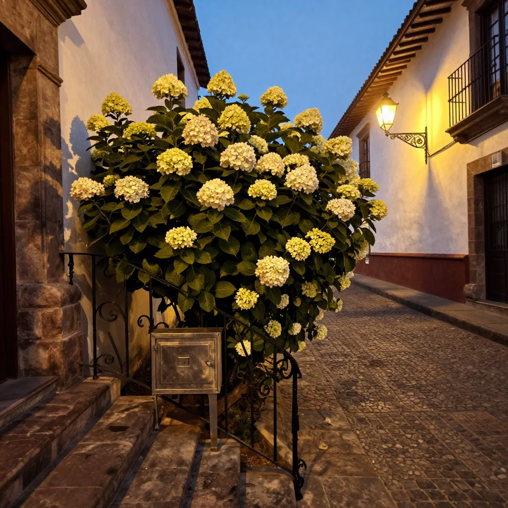 Hydrangea Bush in Quito at Honeyed Evening Light in in Quito, Ecuador