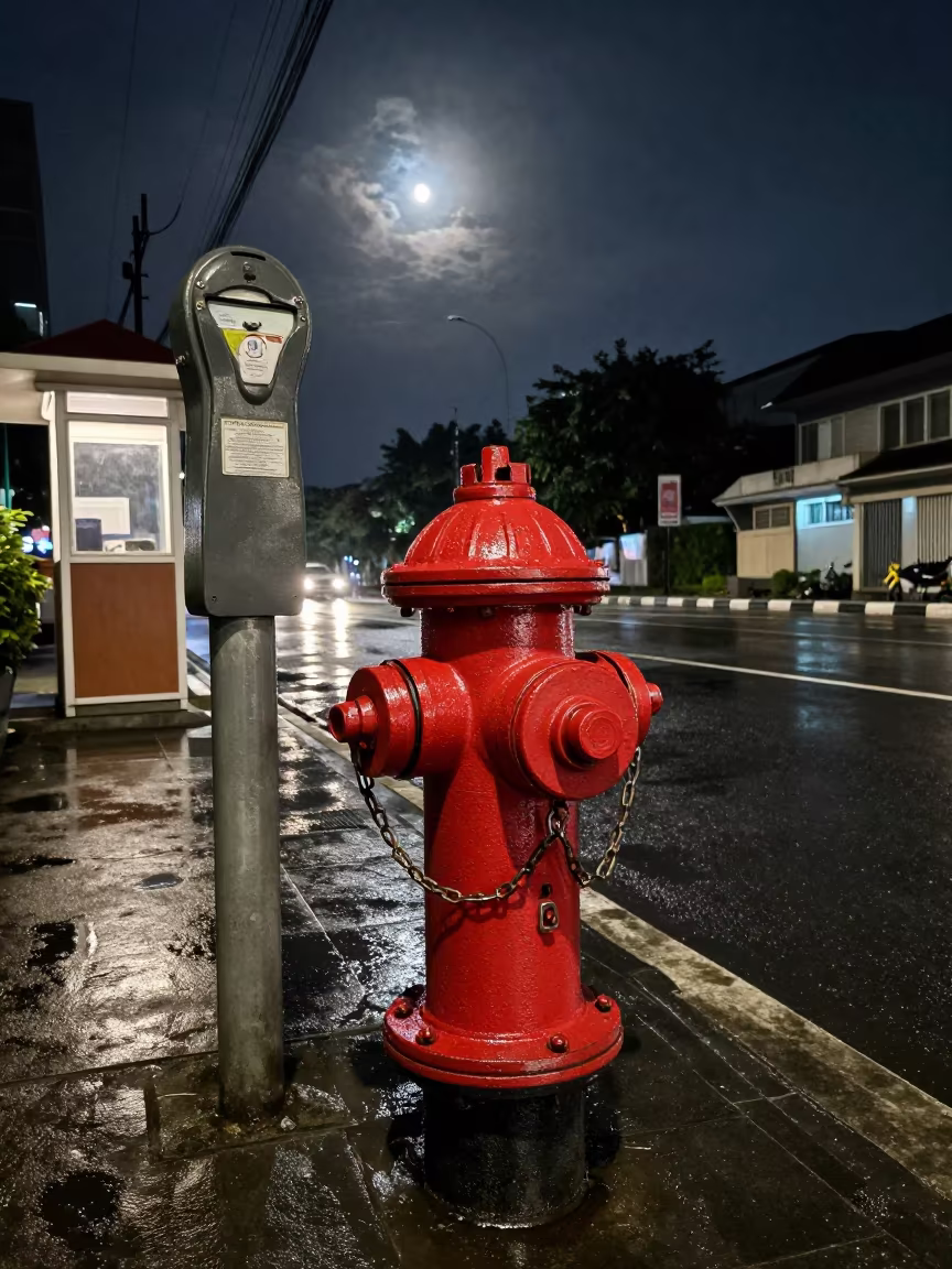 Rain Darkened Hydrant Chained to Meter Jakarta Night in by a rain-darkened kiosk in Kemang, Jakarta