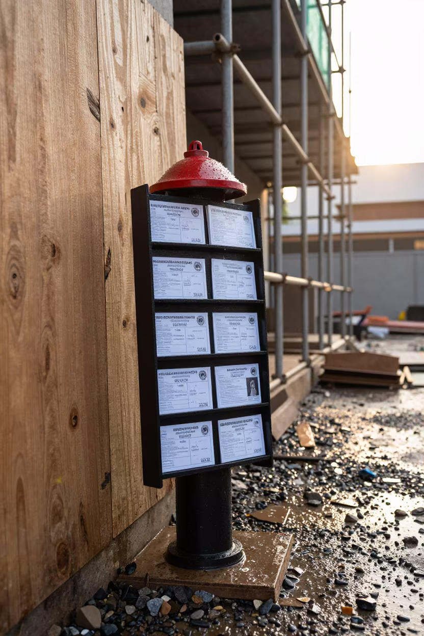 Hydrant Permit Rack After Storm Near Ogbomosho in along a scaffolded facade near Ogbomosho