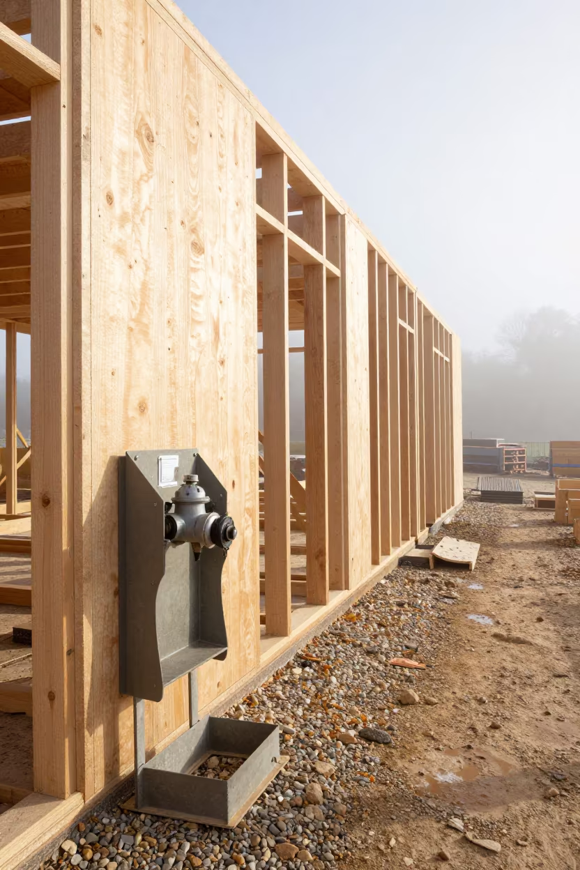 Hydrant Permit Rack in Cotswolds Construction in beside a framed building shell in the Cotswolds