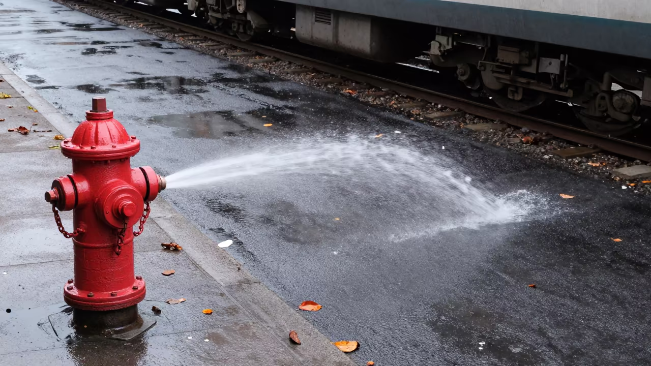 Hydrant Spray on Asphalt Under Train Tete in under an elevated train line in Tete