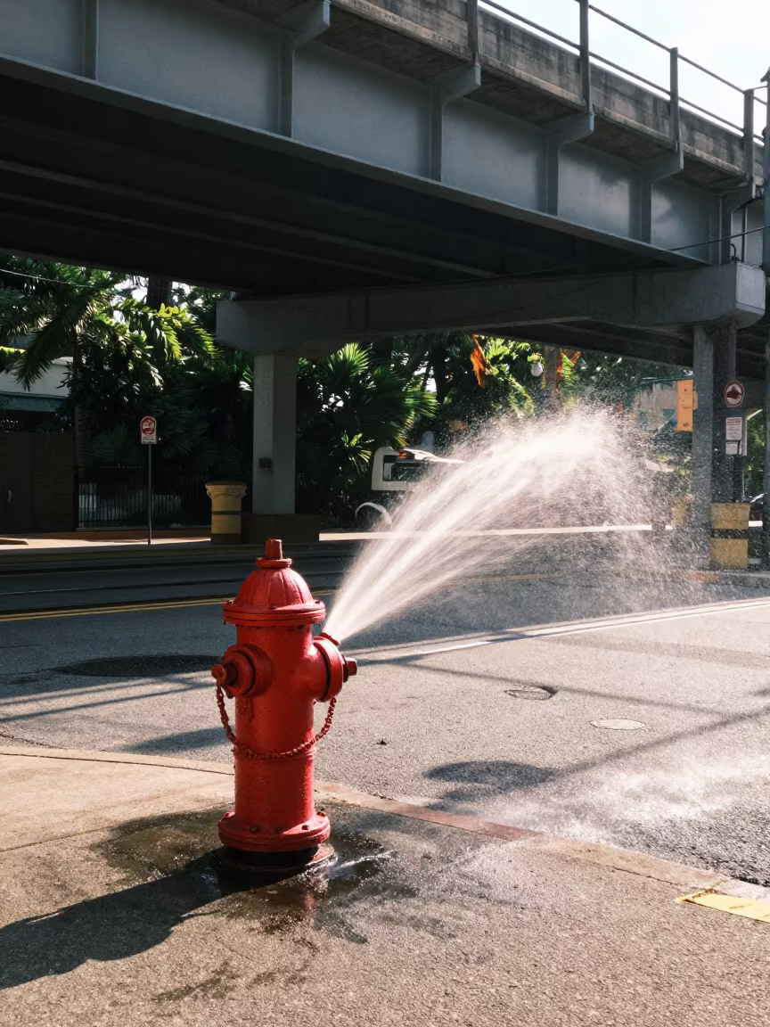 Hydrant Spray on Hot Asphalt Raleigh in under an elevated train line in Raleigh