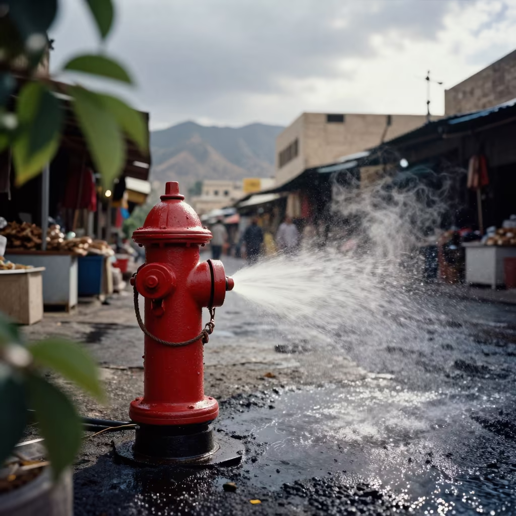 Hydrant Sprays Water on Hot Asphalt Street in along a market-lined side street in Mecca