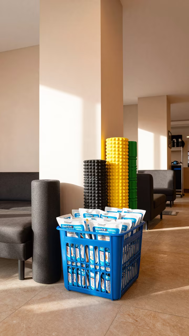 Hydration Tablet Basket in Beirut Recovery Lounge in inside a recovery lounge beside foam rollers near Hamra, Beirut