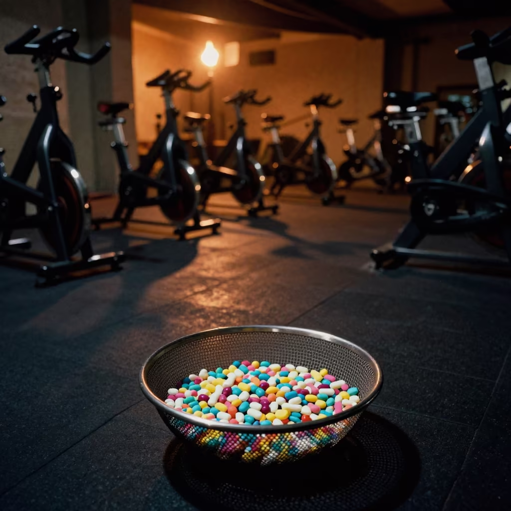 Hydration Tablet Basket in Spin Studio Predawn in inside a spin studio under class lights near Ahmedabad
