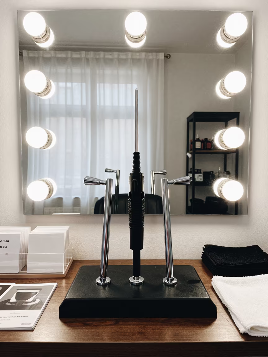 Hydraulic Bleed Kit at Kharkiv Barber Station in at a barber station beneath mirror bulbs in Kharkiv