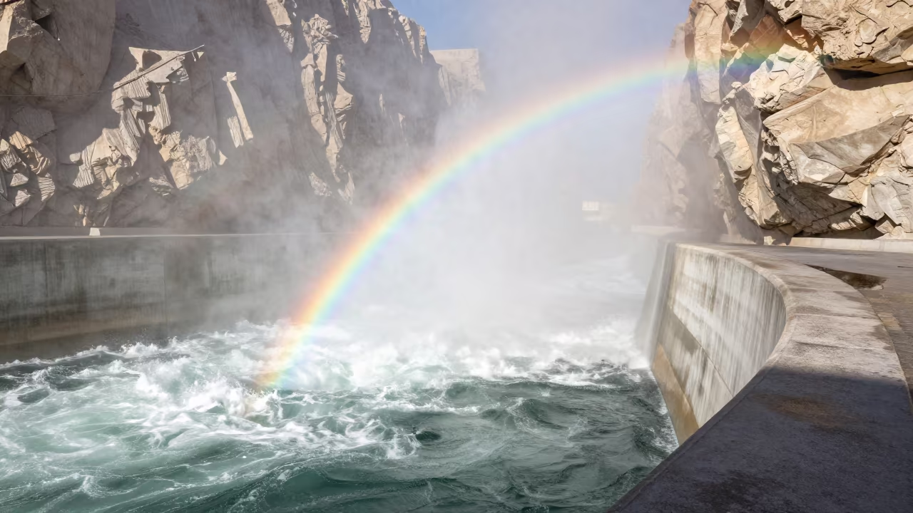 Hydroelectric Spillway Rainbow Mist Canyon Abu Dhabi in beside a hydroelectric intake near Abu Dhabi