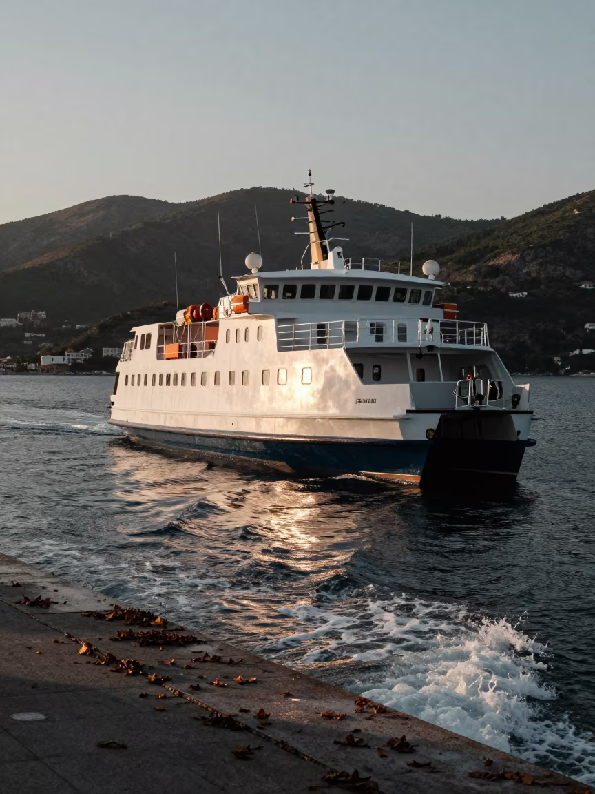 Hydrofoil Ferry Rising Over Greek Bay at Dawn in across a remote ferry crossing in Greece
