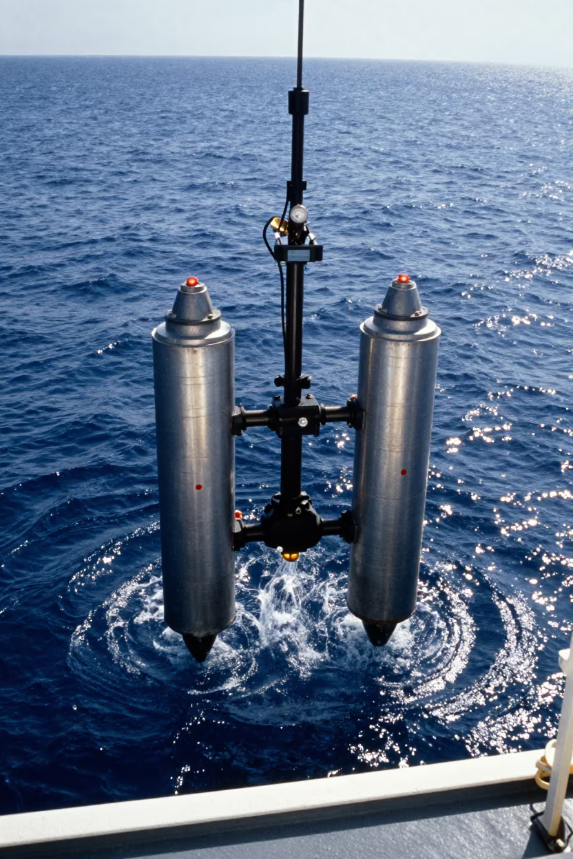 Hydrophone Array Descending Into Blue Water in at a remote field station near Adana