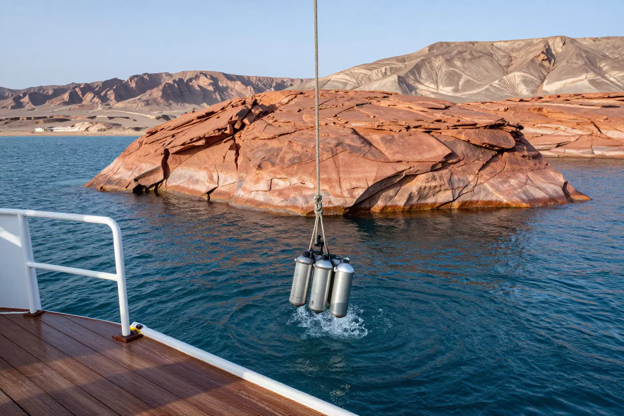 Hydrophone Array Descending Into Desert Water in along a rocky geology outcrop in the Gobi Desert
