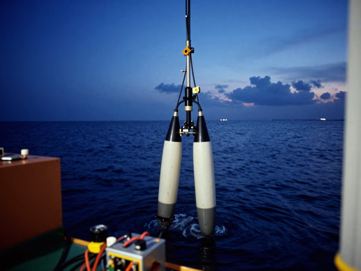 Hydrophone Array Descending Into Steel Blue Water in beside a tidal survey transect near Ekkamai, Bangkok